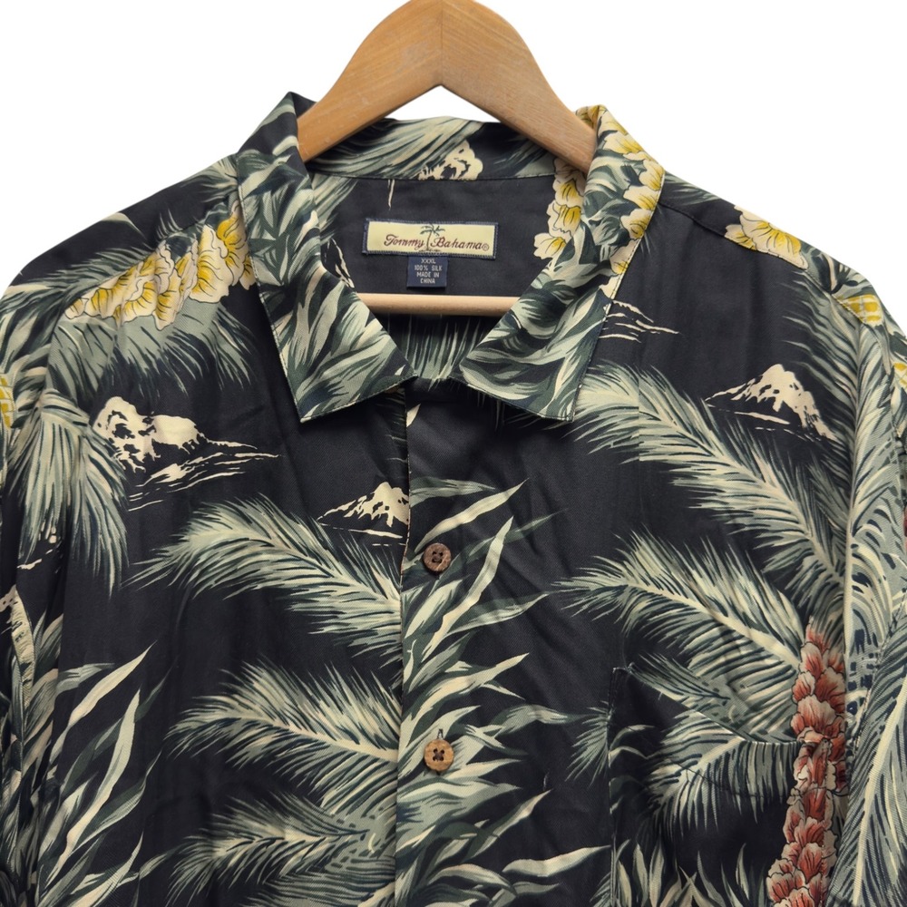 Tommy Bahama Men's XXXL 3XL Black Floral Silk Camp Shirt Tropical Hawaiian Palms